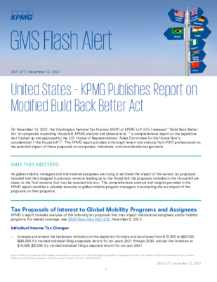 KPMG Global Mobility Services Flash Alert - 2021 - US - Report on Modified Build Back Better Act