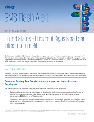 KPMG Global Mobility Services Flash Alert - 2021 - US - President Signs Bipartisan Infrastructure Bill