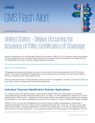 KPMG Global Mobility Services Flash Alert - 2021 - US - Delays Occurring for Issuance of ITINs, Certificates of Coverage