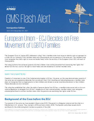 KPMG Global Mobility Services Flash Alert - 2021 - European Union - ECJ Decides on Free Movement of LGBTQ Families