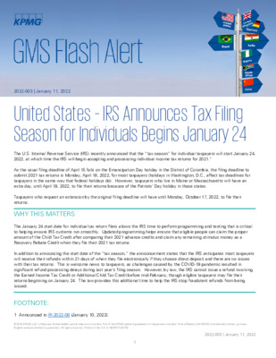 KPMG Global Mobility Services Flash Alert - 2022 - US - IRS Announces Tax Filing Season for Individuals Begins January 24