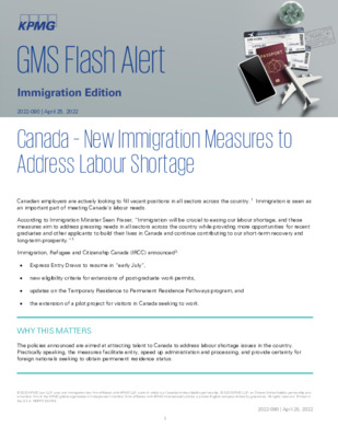 KPMG Global Mobility Services Flash Alert - 2022 - Canada - New Immigration Measures to Address Labour Shortage