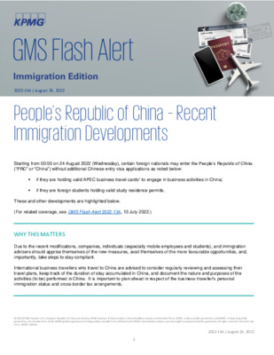 KPMG Global Mobility Services Flash Alert - 2022 - People's Republic of China - Recent Immigration Developments