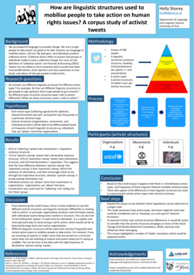How are linguistic structures used to mobilise people to take action on human rights issues? A corpus study of activist tweets.