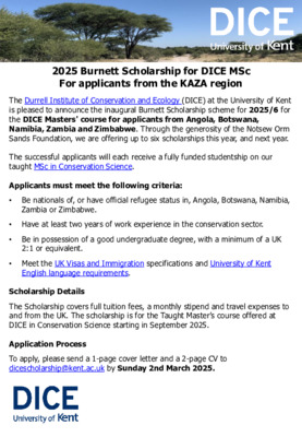 DICE BURNETT Scholarship 2025 for MSc in Conservation Science