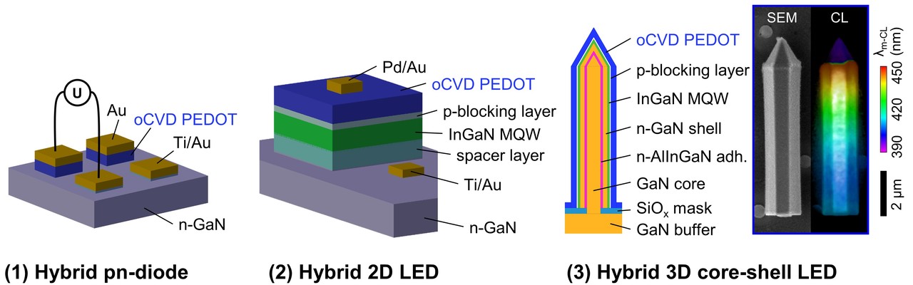 Toward three-dimensional hybrid inorganic/organic optoelectronics based on GaN/oCVD-PEDOT structures