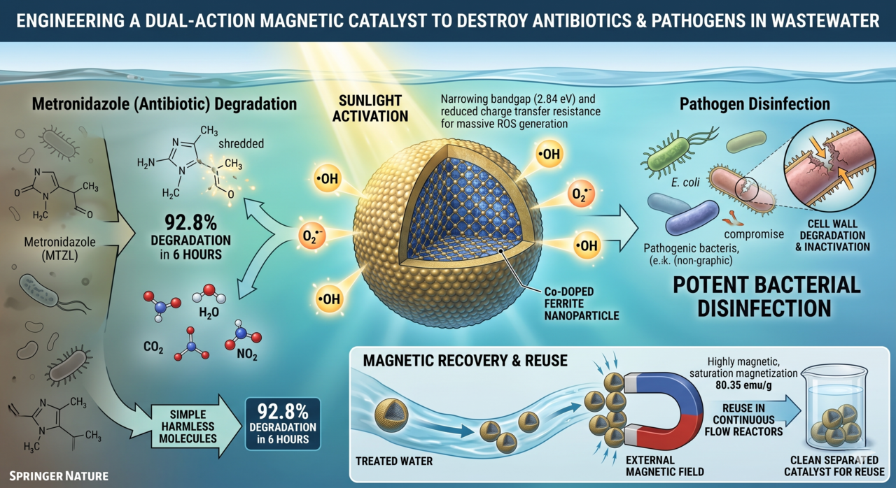 Engineering a Dual-Action Magnetic Catalyst to Destroy Antibiotics and Pathogens in Wastewater