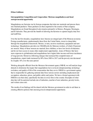 Research Proposal - Interpopulation Competition and Cooperation: Mexican maquiladoras and local
entrepreneurial opportunity