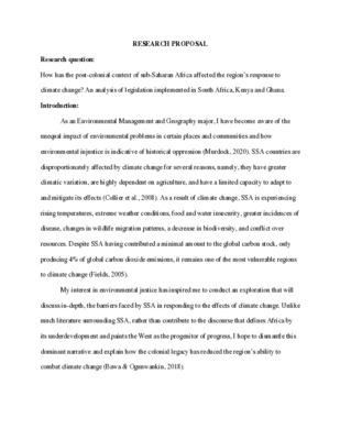 Research Proposal: How the post-colonial context of sub-Saharan Africa has affected the region’s response to climate change