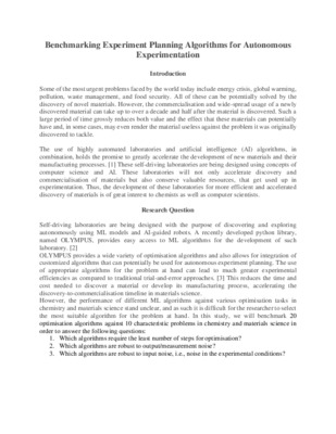 My Research Proposal: Benchmarking Experiment Planning Algorithms for Autonomous Experimentation