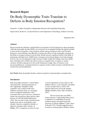 Do Body Dysmorphic Traits Translate to Deficits in Body Emotion Recognition?