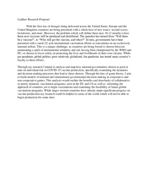 Laidlaw Research Proposal - International vs. National COVID-19 Vaccine production and distribution 