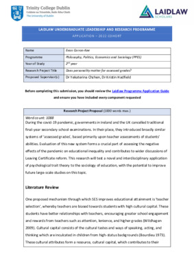 The Winning Personality: Cultural Capital and Personality in Ireland’s Teacher-Assessed Grades System (Research Proposal)