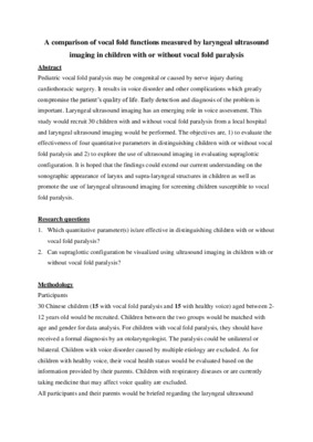 A comparison of vocal fold functions measured by laryngeal ultrasound imaging in children with or without vocal fold paralysis (Research proposal) 