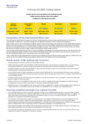 Aviva plc Q3 2024 Trading Update