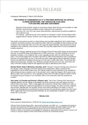Two-thirds of consumers say if a provider improves its critical illness definitions, they should be available for existing and new customers