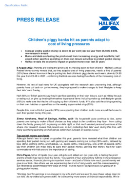 Children's piggy banks hit as parents adapt to cost of living pressures