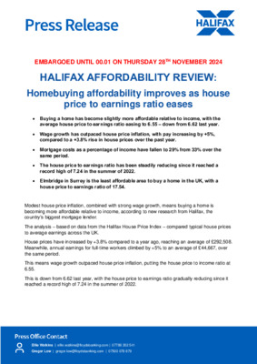 Halifax Affordability Review: Homebuying affordability improves as house price to income ratio eases