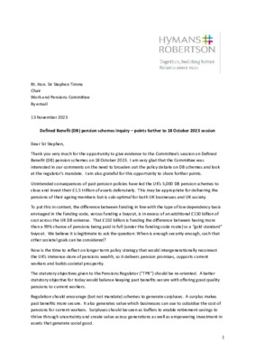 Pensions commission to explore societal opportunities needed, says Hymans Robertson in letter to Work and Pensions Committee on future of DB pensions