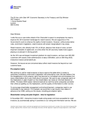 interactive investor shares open letter to John Glen MP, Economic Secretary to the Treasury, on shareholder democracy