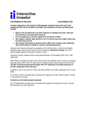 Investor optimism for UK market in 2024 despite recession fears with one in four expecting FTSE 100 to end 2024 over 8,000, new interactive investor sentiment poll reveals