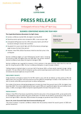 Business confidence nears one year high