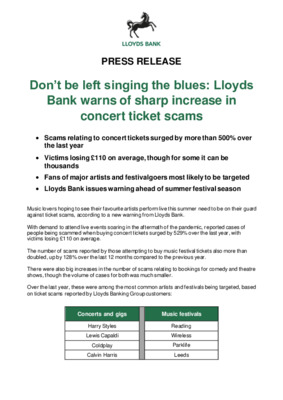 Don’t be left singing the blues: Lloyds Bank warns of sharp increase in concert ticket scams