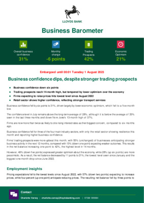 Business confidence dips, despite stronger trading prospects - Lloyds Bank Business Barometer, July 2023