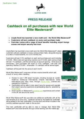 Cashback on all purchases with new World Elite Mastercard®