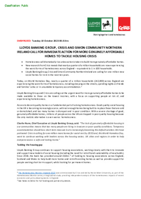 Lloyds Banking Group, Crisis and Simon Community Northern Ireland call for immediate action for more genuinely affordable homes to tackle housing crisis