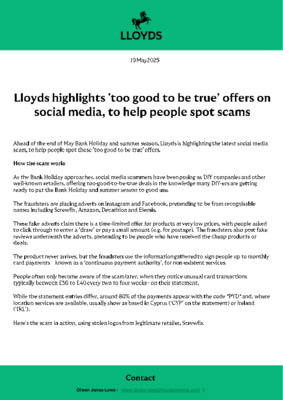 Lloyds Bank highlights 'too good to be true' offers on social media, to help people spot scams