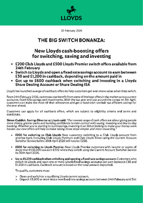 The big switch bonanza: New Lloyds cash-boosting offers for switching, saving and investing