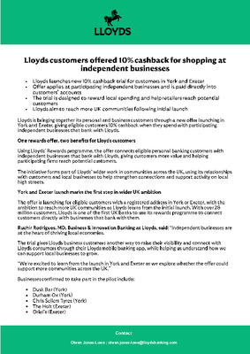Lloyds customers offered 10 percent cashback for shopping at independent businesses