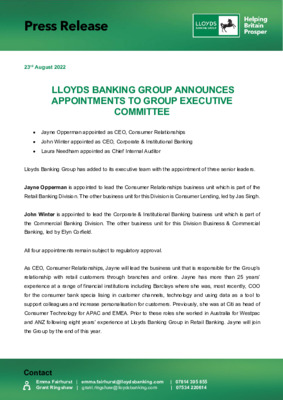 Lloyds Banking Group announces appointments to Group Executive Committee