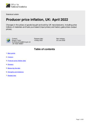 Producer price inflation, UK April 2022
