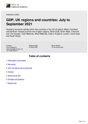 GDP, UK regions and countries July to September 2021