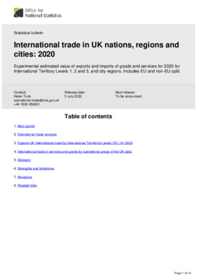 International trade in UK nations, regions and cities 2020