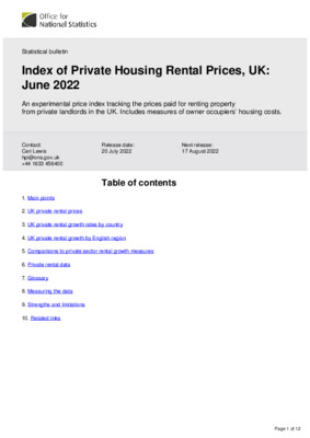 Index of Private Housing Rental Prices, UK June 2022