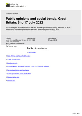 Public opinions and social trends, Great Britain 6 to 17 July 2022