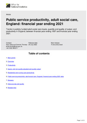 Public service productivity, adult social care, England financial year ending 2021