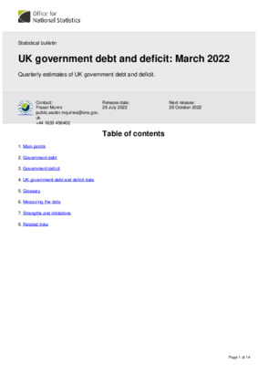 UK government debt and deficit March 2022