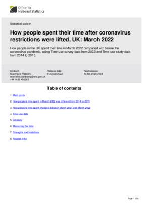 How people spent their time after coronavirus restrictions were lifted, UK March 2022