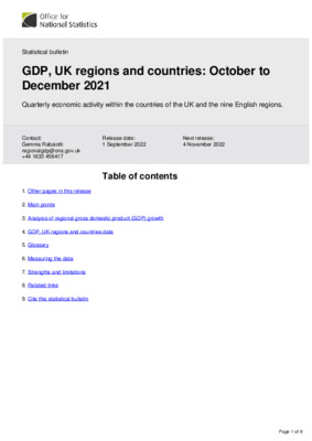 GDP, UK regions and countries: October to December 2021