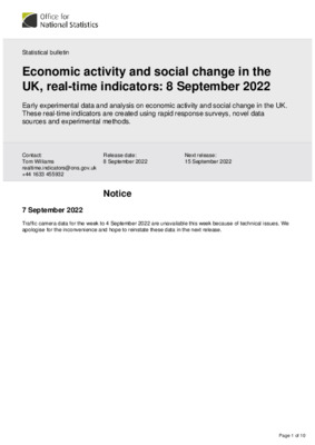 Economic activity and social change in the UK, real-time indicators 8 September 2022