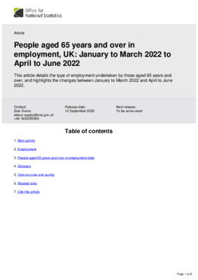 People aged 65 years and over in employment, UK January to March 2022 to April to June 2022