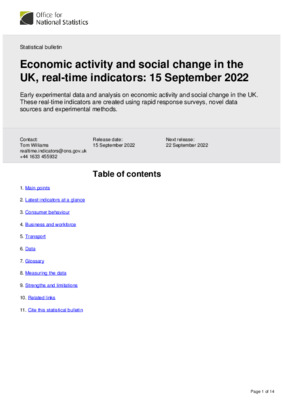 Economic activity and social change in the UK, real-time indicators 15 September 2022