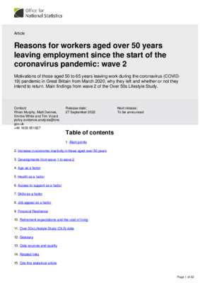 Reasons for workers aged over 50 years leaving employment since the start of the coronavirus pandemic wave 2
