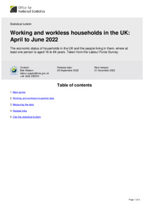 Working and workless households in the UK April to June 2022