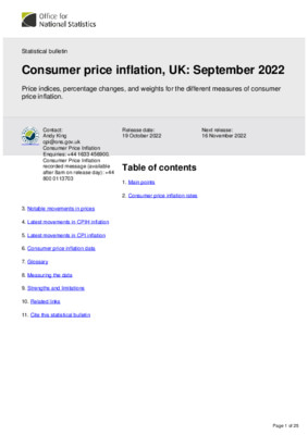 Consumer price inflation, UK September 2022