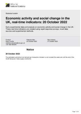 Economic activity and social change in the UK, real-time indicators: 20 October 2022
